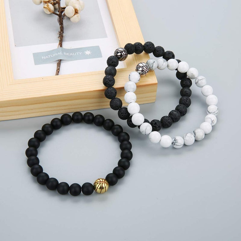 Linsoir beads Trendy Basketball Bracelet Men Beaded Stretchy Bracelet Lave Stone/White Turquoise/Matte Black Stone Beaded Bracelet Sports Jewelry for Basketball Lovers 1 pcs - Image 3